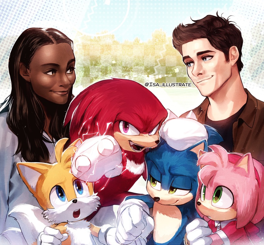 amy_rose blue_eyes blue_fur dress family gloves green_eyes highres isa_illustrate knuckles_the_echidna lightning maddie_wachowski medium_hair paramount_pictures pink_fur purple_eyes red_fur shirt sonic_(live_action) sonic_(series) sonic_the_hedgehog sonic_the_hedgehog_(film) sonic_the_hedgehog_3_(film) tails_(sonic) tom_wachowski yellow_fur