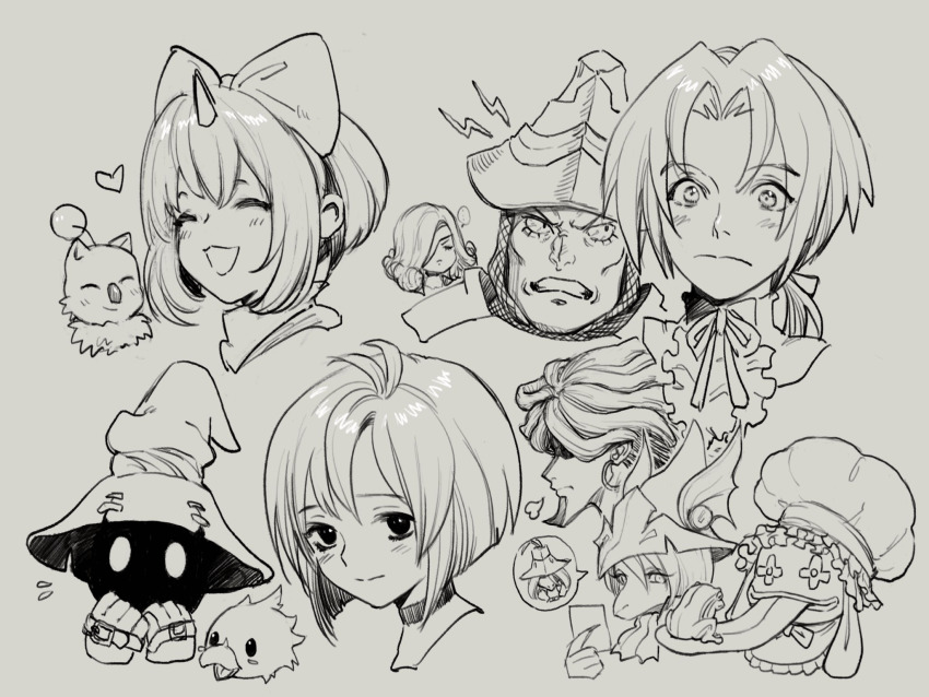 1other 4girls 5boys adelbert_steiner ascot beatrix_(ff9) black_choker blush bow burmecian chef_hat chocobo choker claws clenched_teeth closed_eyes curly_hair dreadlocks earrings eiko_carol eyepatch final_fantasy final_fantasy_ix fratley freija_crescent frilled_shirt_collar frills frog garnet_til_alexandros_xvii grey_background hair_between_eyes hair_bow hair_over_one_eye hand_to_own_mouth hat heart helm helmet highres holding holding_photo hoop_earrings horns jewelry light_smile low_ponytail moogle multiple_boys multiple_girls neck_ribbon open_mouth parted_bangs photo_(object) ponytail quina_quen ribbon salamander_coral short_hair single_horn smile spoken_character teeth tongue tongue_out uboar vivi_ornitier wide-eyed winged_helmet wizard_hat zidane_tribal