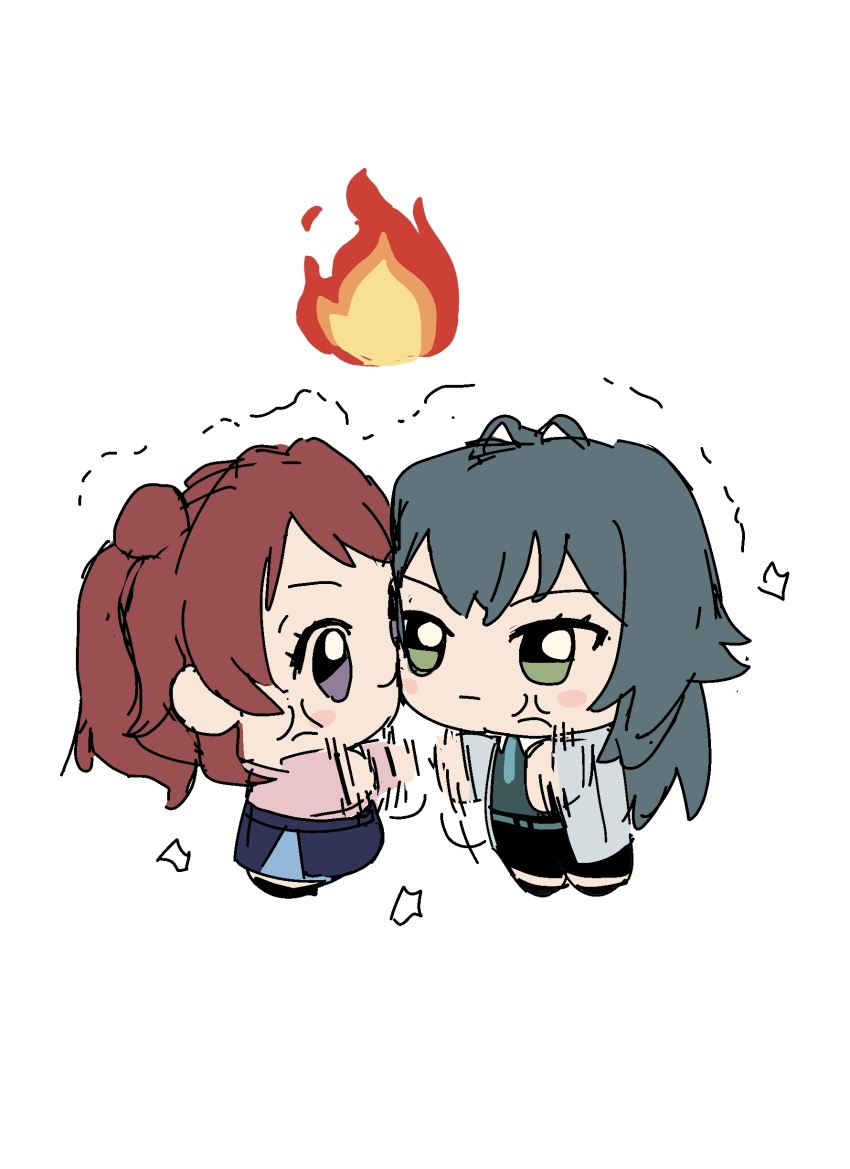 2girls absurdres afterimage anger_vein brown_hair catfight chibi chibi_only chibigurumi commentary_request dismal_poop fire_emoji full_body gakuen_idolmaster green_hair hanami_saki hatsuboshi_gakuen_school_uniform heads_together highres idolmaster multiple_girls school_uniform simple_background tsukimura_temari white_background
