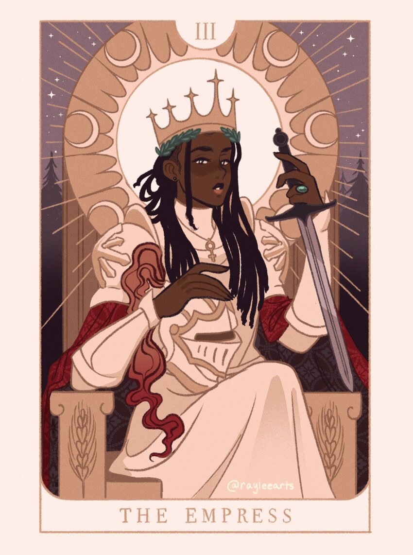 1girl amulet armor black_hair black_nails border cape card_(medium) commentary crescent crown dark_skin dreadlocks dress earrings english_commentary english_text gold_trim helmet highres holding holding_helmet holding_sword holding_weapon jewelry laurel_crown long_hair looking_at_viewer original parted_lips patterned_clothing pauldrons pink_border plume raylee red_cape ring roman_numeral short_sword shoulder_armor sitting_on_throne sky solo star-shaped_pupils star_(sky) star_(symbol) starry_sky stud_earrings sun_behind_head sword symbol-shaped_pupils tarot tarot_(medium) the_empress_(tarot) throne tree twitter_username unworn_headwear unworn_helmet vambraces venus_symbol very_dark_skin weapon white_armor white_dress white_visor