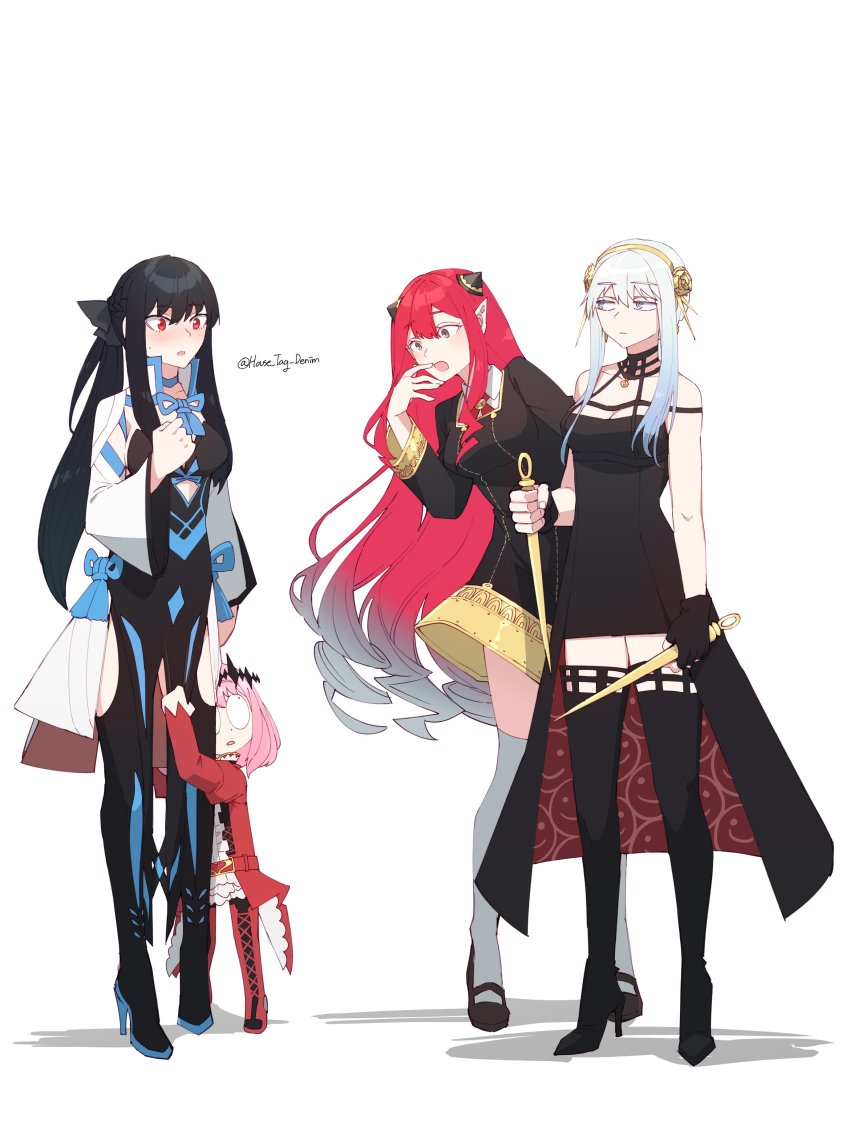absurdres anya_(spy_x_family) anya_(spy_x_family)_(cosplay) baobhan_sith_(fate) baobhan_sith_(fate)_(cosplay) baobhan_sith_(first_ascension)_(fate) black_bow black_hair blue_eyes bow braid center_frills center_opening child clothing_cutout cone_hair_bun cosplay costume_switch dagger dress dual_wielding earrings family fate/grand_order fate_(series) flower frills gold_earrings gold_hairband grey_eyes hair_bun hair_flower hair_ornament hairband half_up_braid highres holding house_tag_denim jewelry knife morgan_le_fay_(fate) morgan_le_fay_(fate)_(cosplay) pink_hair platinum_blonde_hair pointy_ears red_dress red_eyes rose sidelocks spy_x_family stomach_cutout tiara two-sided_dress two-sided_fabric two-tone_dress weapon yor_briar yor_briar_(cosplay)