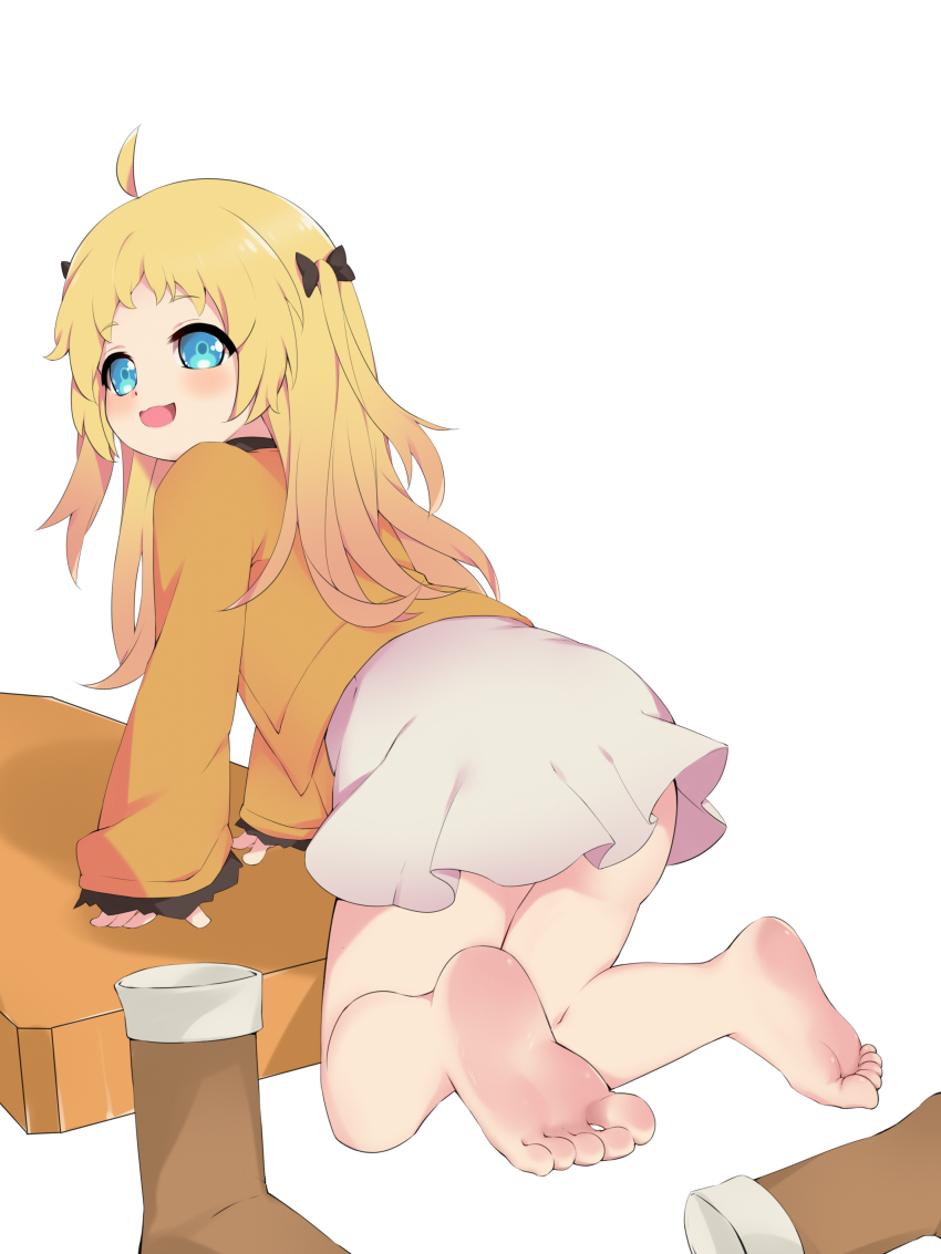 1girl absurdres ahoge artist_request barefoot blonde_hair blue_eyes blush boots unworn_boots charlotte_izoard feet from_behind highres long_hair looking_back open_mouth ryuuou_no_oshigoto! soles solo toes white_background