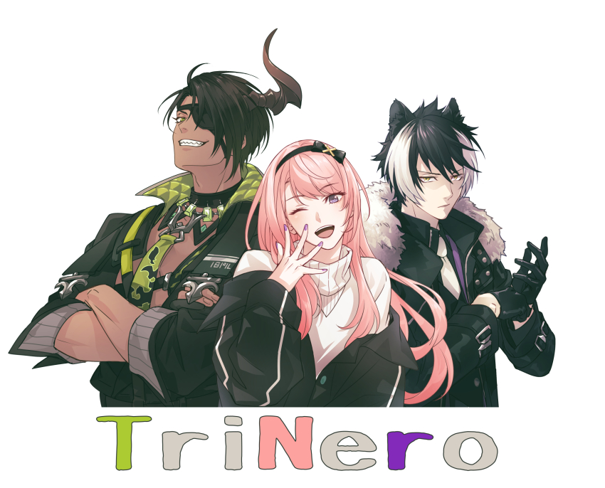 3boys adjusting_clothes adjusting_gloves animal_ears aragami_oga aragami_oga_(1st_costume) black_bow black_coat black_collar black_gloves black_hair black_hairband black_jacket black_shirt black_vest bow bow_hairband brown_horns chest_guard coat collar commentary_request cropped_torso crossed_arms dark-skinned_male dark_skin eyelashes eyepatch fur-trimmed_coat fur_trim gloves green_eyes green_necktie grin group_name hair_between_eyes hairband hand_up high_collar highres holostars horns jackal_boy jackal_ears jacket kageyama_shien kageyama_shien_(1st_costume) long_hair male_focus multicolored_hair multiple_boys necktie off_shoulder one_eye_closed open_clothes open_mouth open_shirt partially_fingerless_gloves pink_hair purple_eyes purple_nails sharp_teeth shirt short_hair simple_background single_horn smile streaked_hair sweater teeth trap trinero tsukishita_kaoru two-tone_hair upper_teeth_only ushi_424 vest virtual_youtuber white_background white_hair white_necktie white_sweater yellow_eyes