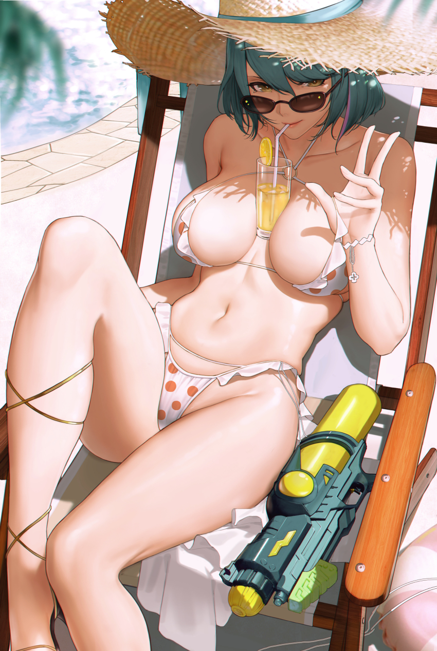 1girl absurdres aqua_hair azur_lane beach_chair between_breasts bikini blurry breasts brown_eyes closed_mouth cup dead_or_alive dead_or_alive_6 dead_or_alive_xtreme dead_or_alive_xtreme_venus_vacation depth_of_field drinking_glass drinking_straw food fruit hat highres knee_up l_ract large_breasts lemon lemon_slice lips navel polka_dot polka_dot_bikini pool pulling_own_clothes sitting stomach strap_pull straw_hat sun_hat sunglasses swimsuit tamaki_(doa) thighs v water_gun white_bikini