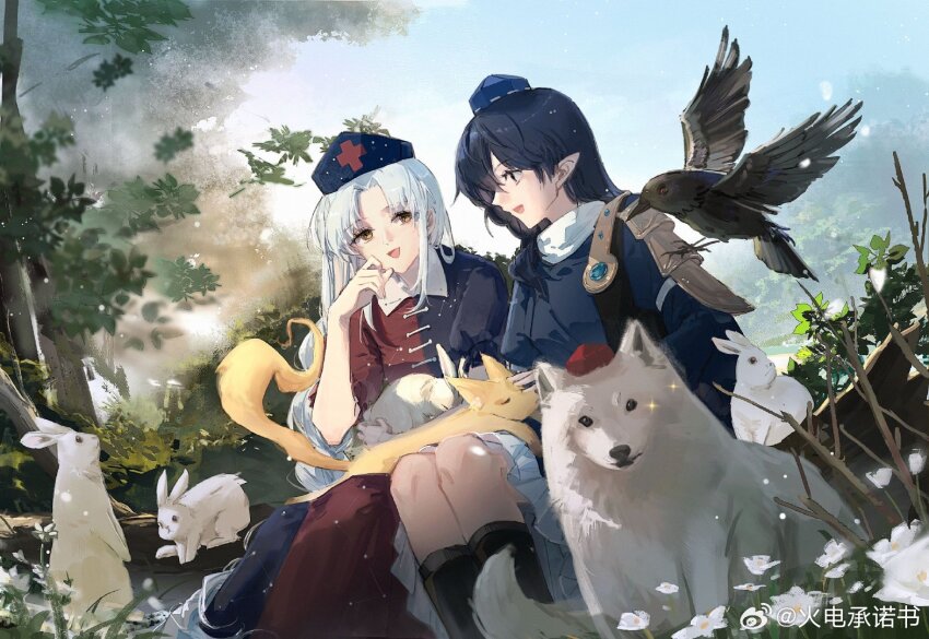 2girls :d animal animal_on_lap bird black_bird black_hair blue_dress blue_hat boots chinese_commentary commentary_request commission crow dress flower fox hat iizunamaru_megumu inaba_mob_(touhou) indis inubashiri_momiji inubashiri_momiji_(wolf) knee_boots kudamaki_tsukasa kudamaki_tsukasa_(fox) long_hair long_sleeves multiple_girls nurse_cap on_lap open_mouth pointy_ears puffy_short_sleeves puffy_sleeves rabbit red_dress red_hat second-party_source short_sleeves shoulder_guard smile tokin_hat touhou tree two-tone_dress very_long_hair watermark weibo_watermark white_flower white_hair wolf yagokoro_eirin yellow_eyes