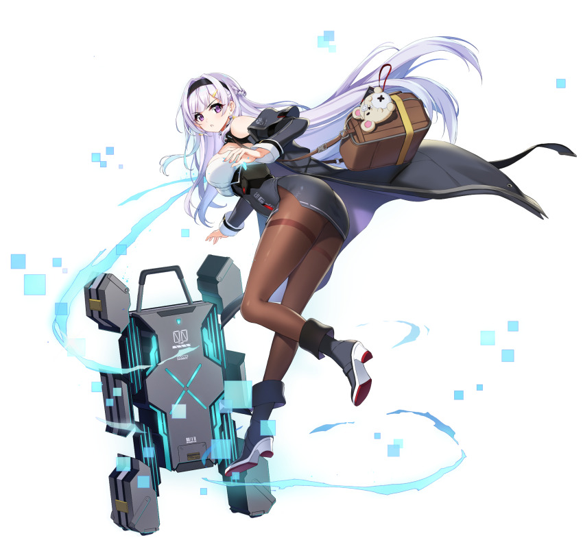 1girl ankle_boots bag boots brown_bag brown_pantyhose counter:side dress full_body hair_ornament hairclip highres id_card long_hair lucid_(counter:side) official_art pantyhose purple_eyes solo stuffed_hamster suitcase thighband_pantyhose transparent_background very_long_hair white_hair