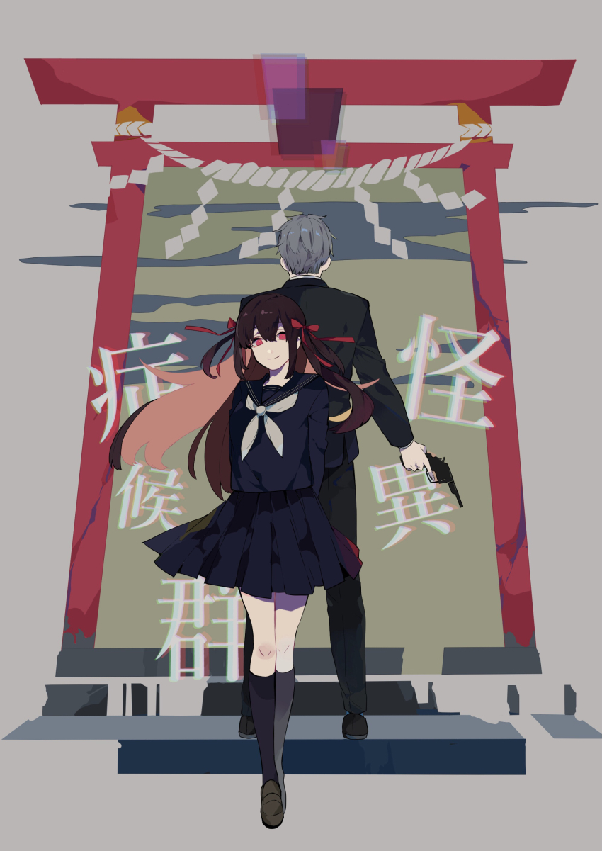 1boy 1girl absurdres back-to-back black_hair black_serafuku blunt_bangs formal_clothes grey_hair gun hair_ribbon highres himeno_mikoto himuro_hitoshi holding holding_gun holding_weapon kaii_shoukougun kaii_shoukougun_1 long_hair red_eyes ribbon school_uniform serafuku short_hair suit torii weapon yuda_nappa