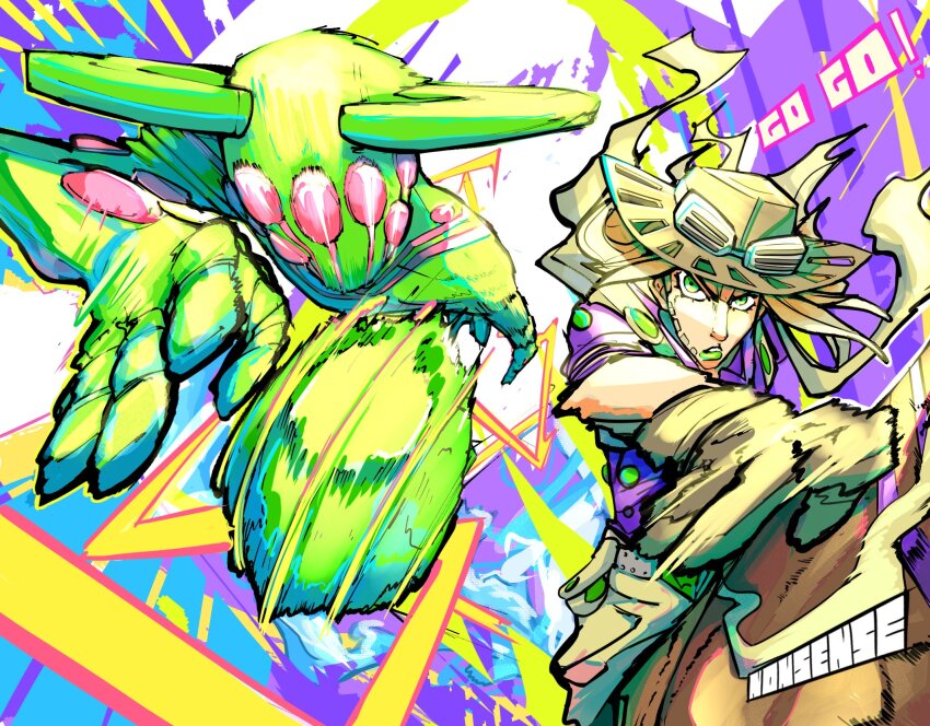 1boy 1other artist_name ball_breaker_(stand) brown_gloves cape colored_skin cowboy_hat gloves goggles goggles_on_headwear green_eyes green_lips green_skin gyro_zeppeli hat highres horse jojo_no_kimyou_na_bouken long_hair n0nsensemob stand_(jojo) steel_ball_run
