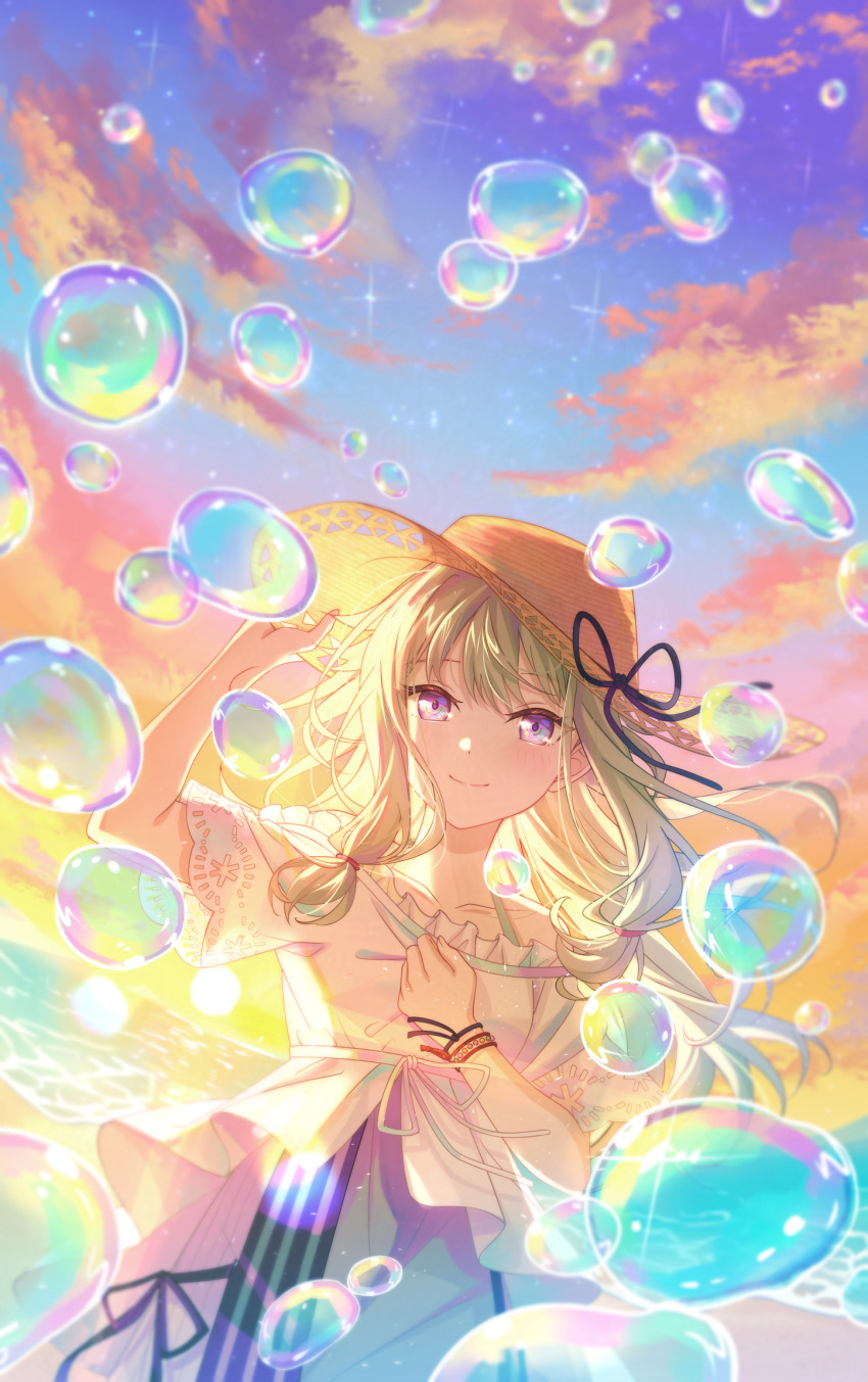 1girl beach bracelet bubble cloud collarbone commentary_request dress frilled_shirt frills green_dress green_hair hat highres jewelry kanaria_wa_kyuukyou_ni_utau_(project_sekai) koa_soragasuki kusanagi_nene long_sidelocks low-tied_sidelocks official_alternate_costume project_sekai purple_eyes shirt sidelocks smile solo straw_hat sun_hat sunset waves white_shirt