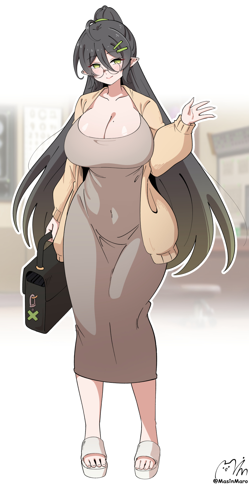 1girl absurdres ahoge alternate_costume bag black-framed_eyewear black_hair blush breasts cardigan cleavage collarbone commentary covered_navel dongtan_dress dress full_body glasses grey_dress hand_up highres hilde_(trickcal) holding holding_bag huge_breasts long_hair looking_at_viewer majinmallow meme_attire mole mole_on_breast pointy_ears ponytail round_eyewear sandals signature smile solo taut_clothes taut_dress trickcal twitter_username very_long_hair yellow_cardigan