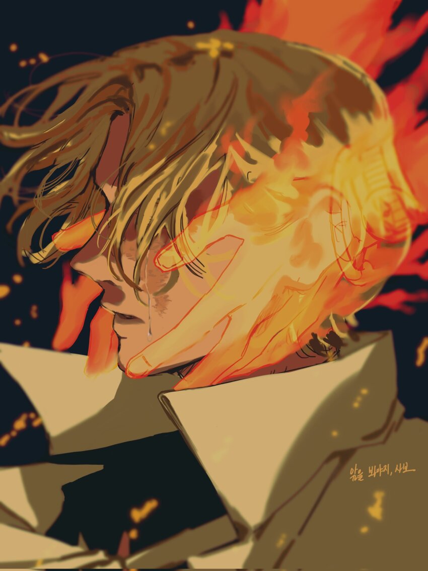 2boys black_background blonde_hair brothers cape closed_mouth collared_cape commentary_request covered_eyes crying devil_fruit_power embers fingernails fire floating_hair hands_on_another&#039;s_face highres korean_commentary leaff00 male_focus multiple_boys one_piece parted_hair popped_collar portgas_d._ace profile sabo_(one_piece) scar scar_on_face siblings solo_focus streaming_tears tears upper_body white_cape