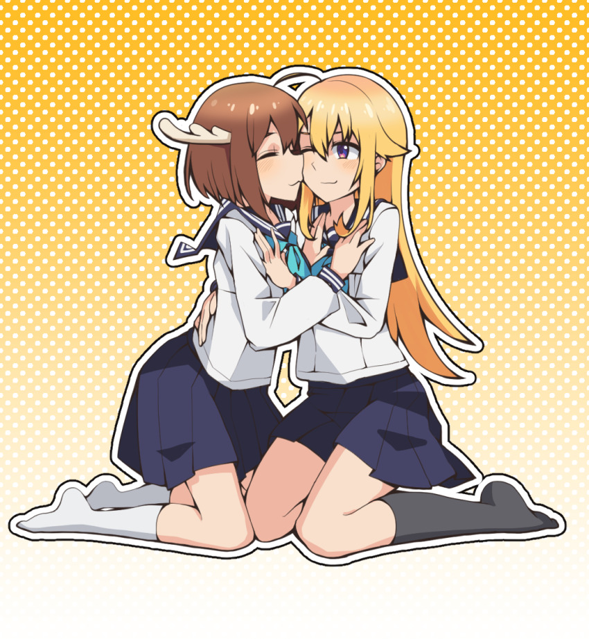 2girls antlers black_socks blonde_hair blue_neckerchief blue_sailor_collar blue_skirt brown_hair cheek-to-cheek deer_antlers deer_girl full_body gradient_background heads_together highres hino_minami_high_school_uniform horns kneehighs kneeling koshi_torako long_hair miniskirt multiple_girls n0_image neckerchief one_eye_closed outline pleated_skirt polka_dot polka_dot_background purple_eyes sailor_collar sailor_shirt school_uniform shikanoko_noko shikanoko_nokonoko_koshitantan shirt short_hair skirt socks straight_hair very_long_hair white_outline white_polka_dots white_shirt white_socks yellow_background