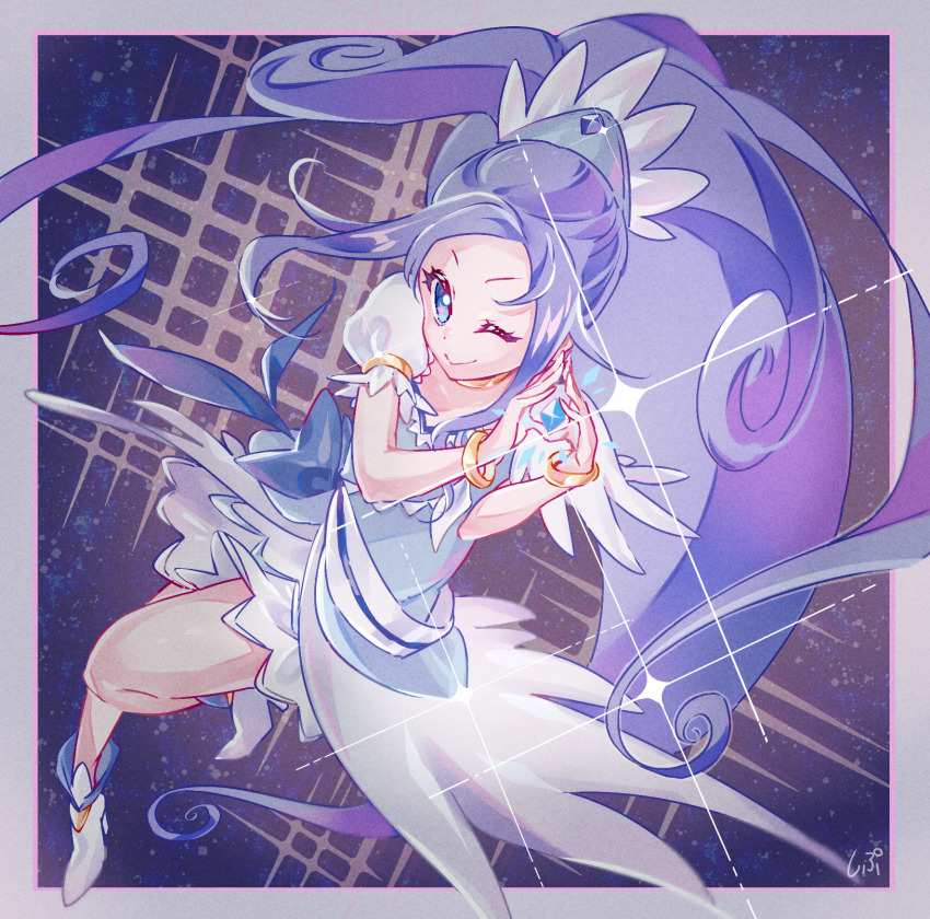 1girl bare_legs blue_background blue_bow blue_dress blue_eyes blue_hair blue_hairband boots border bow bracelet brooch choker closed_mouth collarbone cure_diamond curly_hair diamond_(shape) dokidoki!_precure dot_nose dress eyelashes feather-trimmed_dress floating_clothes floating_hair forehead frilled_hairband frilled_sleeves frills full_body glowing gold_bracelet grey_border hairband happy heart heart_brooch high_heel_boots high_heels high_ponytail highres hishikawa_rikka jewelry light_particles long_hair magical_girl medium_dress miniskirt one_eye_closed outside_border pink_pupils ponytail precure puffy_short_sleeves puffy_sleeves shipu_(gassyumaron) short_sleeves signature skirt skirt_under_dress smile solo sparkle tareme very_long_hair waist_bow white_boots white_skirt white_sleeves yellow_choker