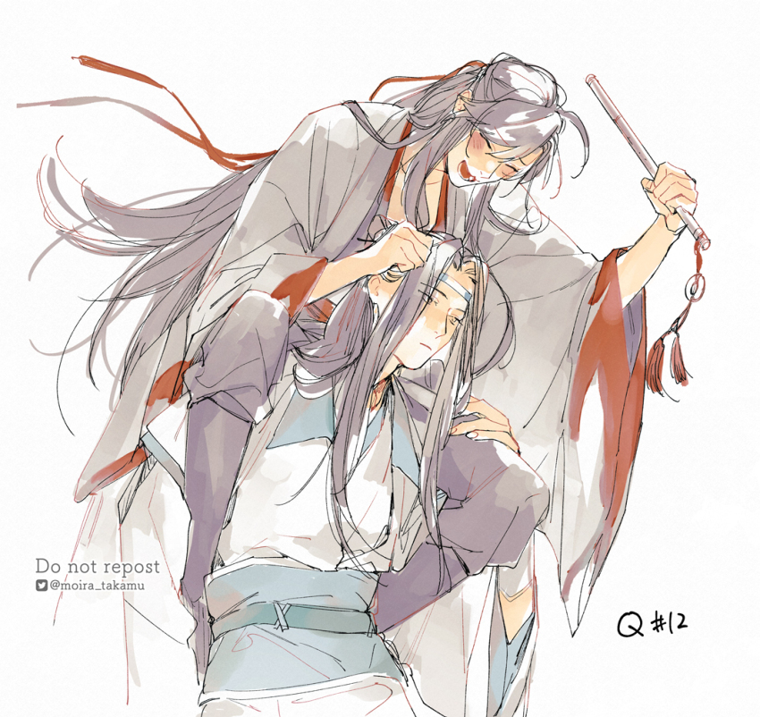 2boys ahoge black_boots black_hair black_hanfu black_pants blue_sash blush boots carrying carrying_person chinese_clothes closed_eyes closed_mouth coat dizi flute flute_tassel grey_coat hair_down hair_ribbon half_updo hanfu headband holding holding_flute holding_instrument instrument lan_wangji long_hair long_sleeves male_focus modao_zushi moirae multiple_boys numbered official_alternate_costume official_alternate_hairstyle open_mouth pants red_ribbon ribbon robe sash shoulder_carry sidelocks simple_background smile tassel transverse_flute twitter_username watermark wei_wuxian wei_wuxian_(yiling_laozu) white_background white_hanfu white_headband wide_sleeves yaoi yellow_eyes
