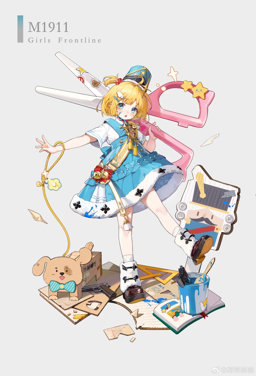 1girl :o absurdres aged_down bell blonde_hair blue_dress blue_eyes blush book box brown_shoes cardboard cardboard_box cardboard_cutout character_name chinese_commentary commentary_request copyright_name dress full_body fur-trimmed_dress fur_trim girls&#039;_frontline grey_background gun hair_bobbles hair_ornament hairclip handgun hat headwear_request highres holding holding_leash holding_scissors jingle_bell leash looking_at_viewer m1911 m1911_(girls&#039;_frontline) m1911_(tin_soldier&#039;s_marvelous_day)_(girls&#039;_frontline) nutcracker official_alternate_costume official_art open_book oversized_object paint_can paint_on_body paint_on_clothes paintbrush parted_lips pet_walking rope sash scissors shirt shoe_soles shoes short_hair short_sleeves simple_background socks solo standing standing_on_one_leg star_(symbol) sticker watermark weapon weibo_username weibo_watermark white_shirt white_socks xiaoxing yellow_sash