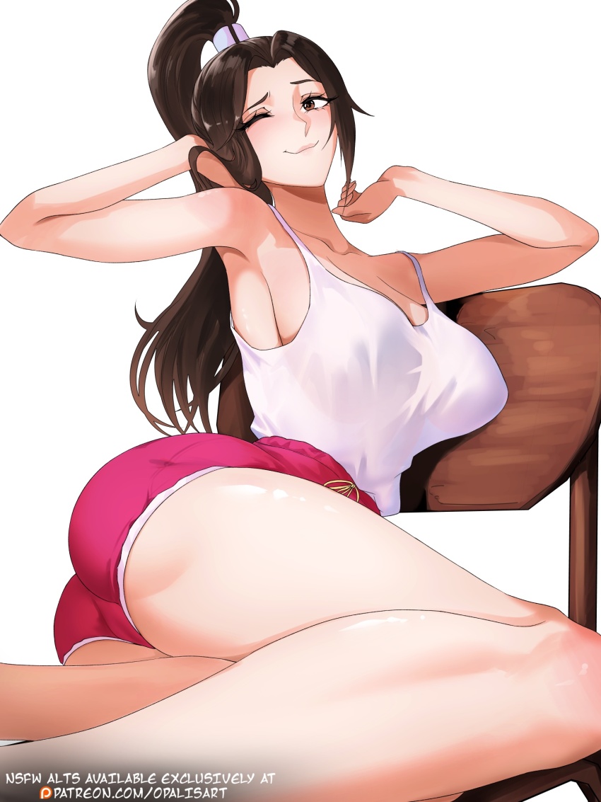1girl artist_name bare_shoulders breasts brown_eyes brown_hair capcom chair cleavage collarbone english_text fatal_fury female_focus high_ponytail highres large_breasts matching_hair/eyes official_alternate_costume opalis parted_bangs patreon_logo patreon_username ponytail red_shorts shiranui_mai short_shorts shorts snk solo street_fighter street_fighter_6 tank_top the_king_of_fighters watermark web_address white_tank_top
