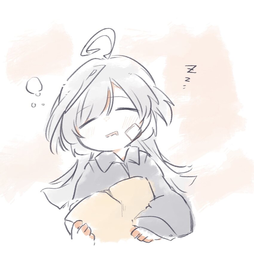 1girl =_= ahoge assault_lily blush closed_eyes collared_shirt commentary_request cropped_torso drooling facing_viewer gauze gauze_on_cheek grey_hair grey_shirt hair_between_eyes hands_up highres holding holding_pillow long_hair long_sleeves mouth_drool orange_background parted_lips pillow sasaki_ran shirt sleeping sleeves_past_wrists solo squeans toyo_(sameden46) two-tone_background upper_body white_background zzz