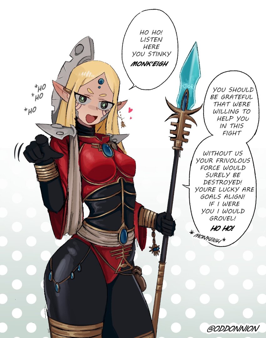 1girl artist_name blonde_hair elbow_gloves eldar english_text facial_mark farseer forehead_jewel gloves heart highres holding holding_staff long_hair looking_at_viewer mage_staff odd_onion pointy_ears polearm pouch solo spear staff warhammer_40k weapon white_background