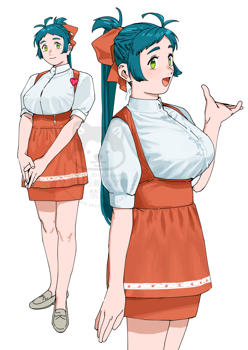 1girl absurdres apron blush breasts green_eyes green_hair hair_ribbon high-waist_skirt highres irako_(kancolle) kantai_collection large_breasts long_hair looking_at_viewer ojipon open_mouth orange_apron orange_skirt ponytail ribbon shirt skirt smile stile_uniform waitress