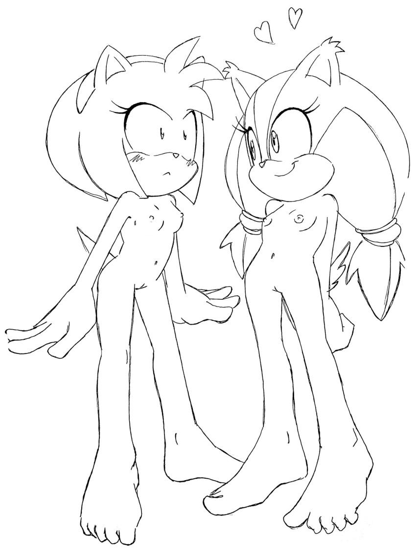 amy_rose badger barefoot blush breasts embarrassed feet flat_chest groin hair_tie hairband heart hedgehog highres loli mediun_hair nipples petite pussy randomguy999 sega small_breasts smile sonic_(series) sonic_boom_(series) standing sticks_the_badger tail toes twintails