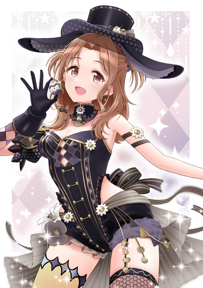 1girl :d animal_ears arm_ribbon asymmetrical_clothes black_choker black_gloves black_hat black_leotard black_ribbon breasts brown_eyes brown_hair choker cleavage cowboy_shot easter_egg egg fake_animal_ears fishnet_thighhighs fishnets garter_straps gloves hair_intakes hat highres holding holding_egg ichikawa_hinana idolmaster idolmaster_shiny_colors leotard long_hair medium_breasts mismatched_thighhighs open_mouth rabbit_ears ribbon smile solo standing thighhighs toriniku_(tori_niku1998) two_side_up yellow_stripes yellow_thighhighs