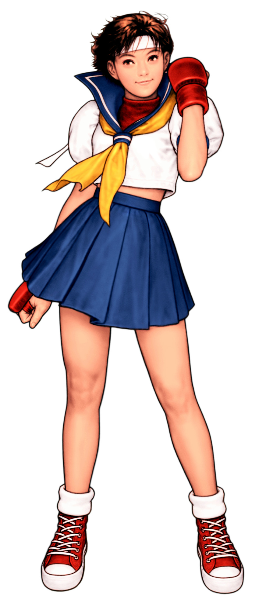 1girl absurdres arm_up blue_sailor_collar capcom_vs_snk capcom_vs_snk_2 clenched_hand crop_top facing_viewer fingerless_gloves game_cg gloves headband highres kasugano_sakura midriff mma_gloves mori_toshiaki non-web_source official_art sailor_collar school_uniform serafuku skirt smile solo street_fighter