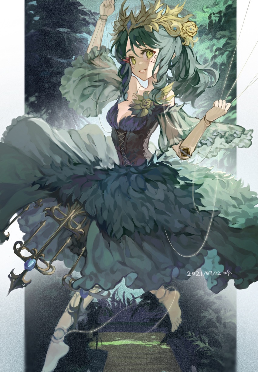 1girl absurdres bare_shoulders corset detached_sleeves doll_joints dress emma_woods emma_woods_(monstrous_bird) floating green_dress green_eyes green_hair highres identity_v joints looking_at_viewer off_shoulder ponytail see-through_clothes see-through_sleeves smile solo zi_yin