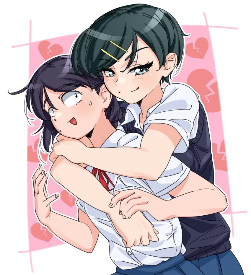 2girls arms_around_neck black_eyes black_hair blue_skirt broken_heart collared_shirt commentary futsuu_no_keion-bu green_eyes hair_ornament hairpin hatono_chihiro heads_together heart highres huaronanago hug hug_from_behind kouyama_rin looking_at_viewer multiple_girls neck_ribbon pixie_cut pleated_skirt red_ribbon ribbon school_uniform shirt short_hair short_sleeves skirt smile summer_uniform upper_body white_shirt