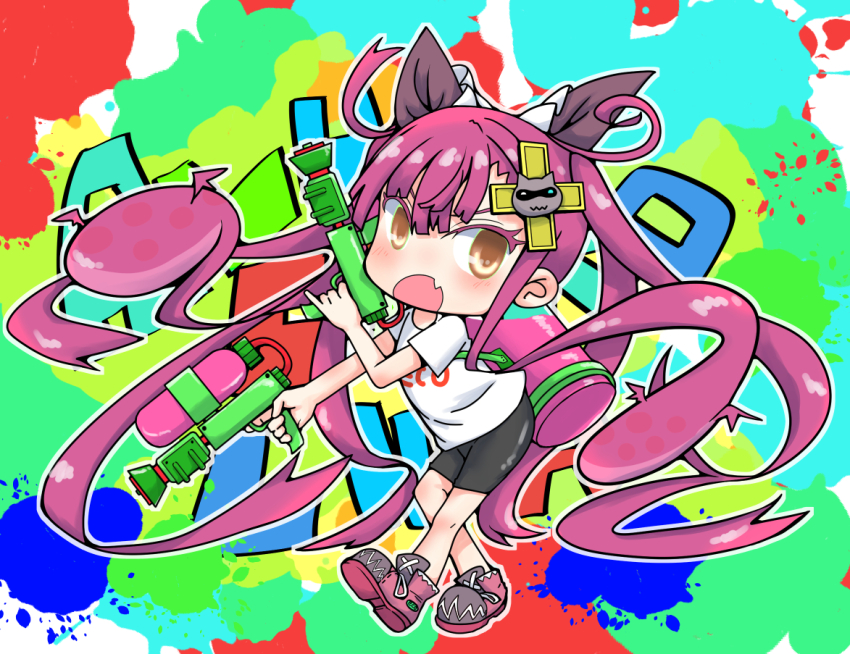 1girl alucard_lore bike_shorts boots bow dual_wielding emil_chronicle_online frilled_bow frills hair_bow hair_ornament holding long_hair open_mouth pink_boots purple_hair senkyoku_niban shirt twintails water_gun white_shirt yellow_eyes