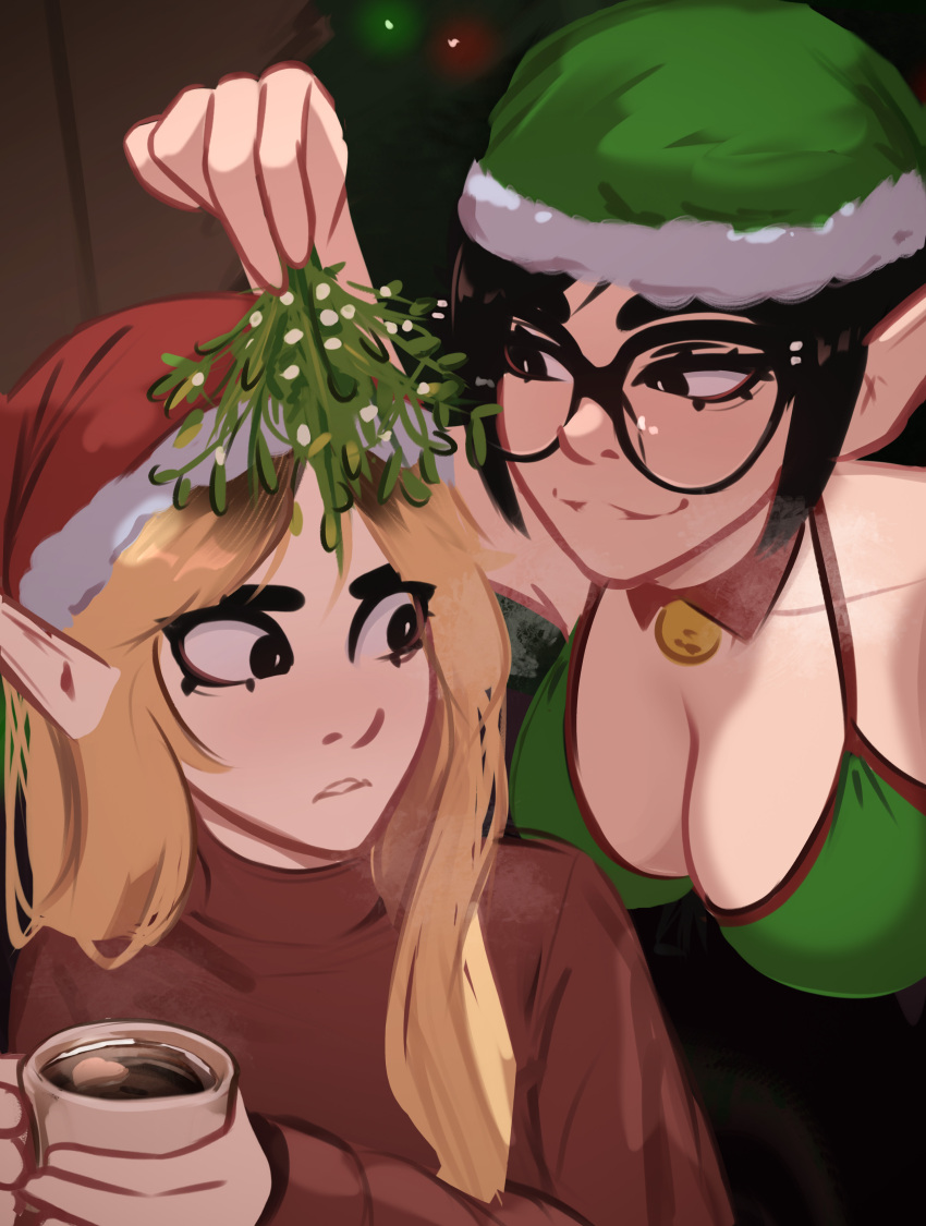 2girls absurdres bell bikini black_eyes black_hair blush breasts christmas christmas_lights glasses green_bikini hanging_breasts hat highres holding holding_mistletoe jessie_(veyonis) large_breasts leaning_forward looking_at_another messy_hair mistletoe multiple_girls neck_bell nervous original pointy_ears red_sweater rosen_(veyonis) santa_bikini santa_costume santa_hat seductive_smile smile surprised sweater swimsuit veyonis wide-eyed yuri
