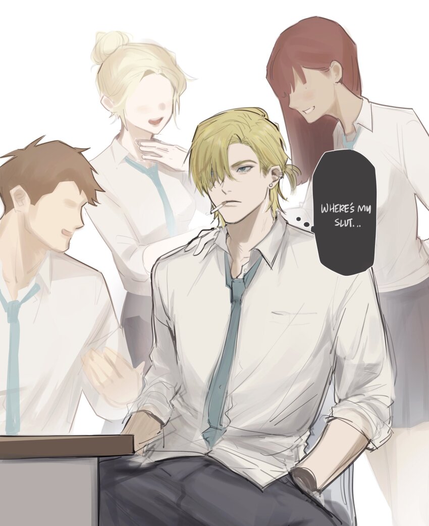 2boys 2girls blonde_hair blue_eyes blue_necktie brown_hair collared_shirt degrees_of_lewdity english_text grey_pants hair_over_one_eye highres multiple_boys multiple_girls necktie pants ry1356644 shirt speech_bubble thought_bubble white_shirt whitney_(degrees_of_lewdity) whitney_(male)_(degrees_of_lewdity)