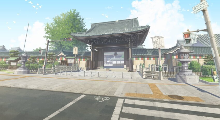 blue_sky building bush cloud cloudy_sky crosswalk fence hedge highres no_humans original pedestrian_crossing_sign pedestrian_lights pedestrians_only_sign pigsomedom plant road road_sign scenery shrine sign sky torii tree