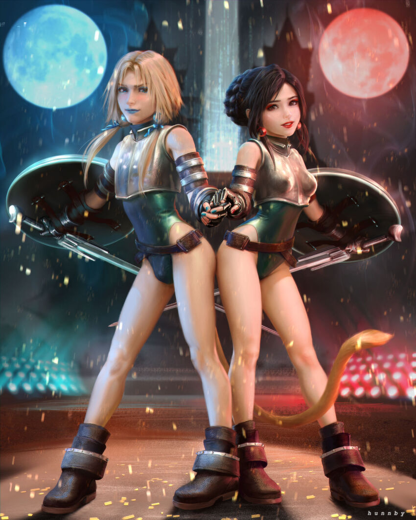1boy 1girl absurdres alternate_costume alternate_hairstyle armor belt blonde_hair blue_moon bulge castle commission couple crossdressing earrings final_fantasy final_fantasy_ix garnet_til_alexandros_xvii hair_buns highres honeybunny-art jewelry lipstick makeup monkey_tail moon nail_polish red_moon shield shoes sword tail twintails weapon zidane_tribal