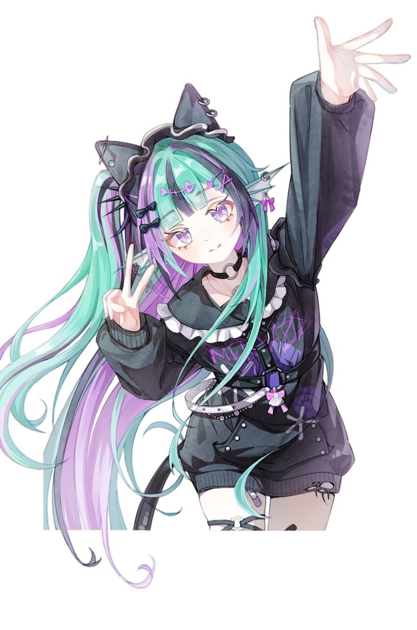 aqua_hair arm_up black_hair blunt_bangs chest_harness choker cowboy_shot finana_ryugu finana_ryugu_(jirai_kei) fins harness head_fins highres long_hair long_sleeves looking_at_viewer maid_headdress multicolored_hair nijisanji nijisanji_en o-ring o-ring_choker purple_eyes purple_hair simple_background single_sleeve_past_wrist streaked_hair thigh_strap torn_clothes v very_long_hair virtual_youtuber white_background yuriiiiyuriko