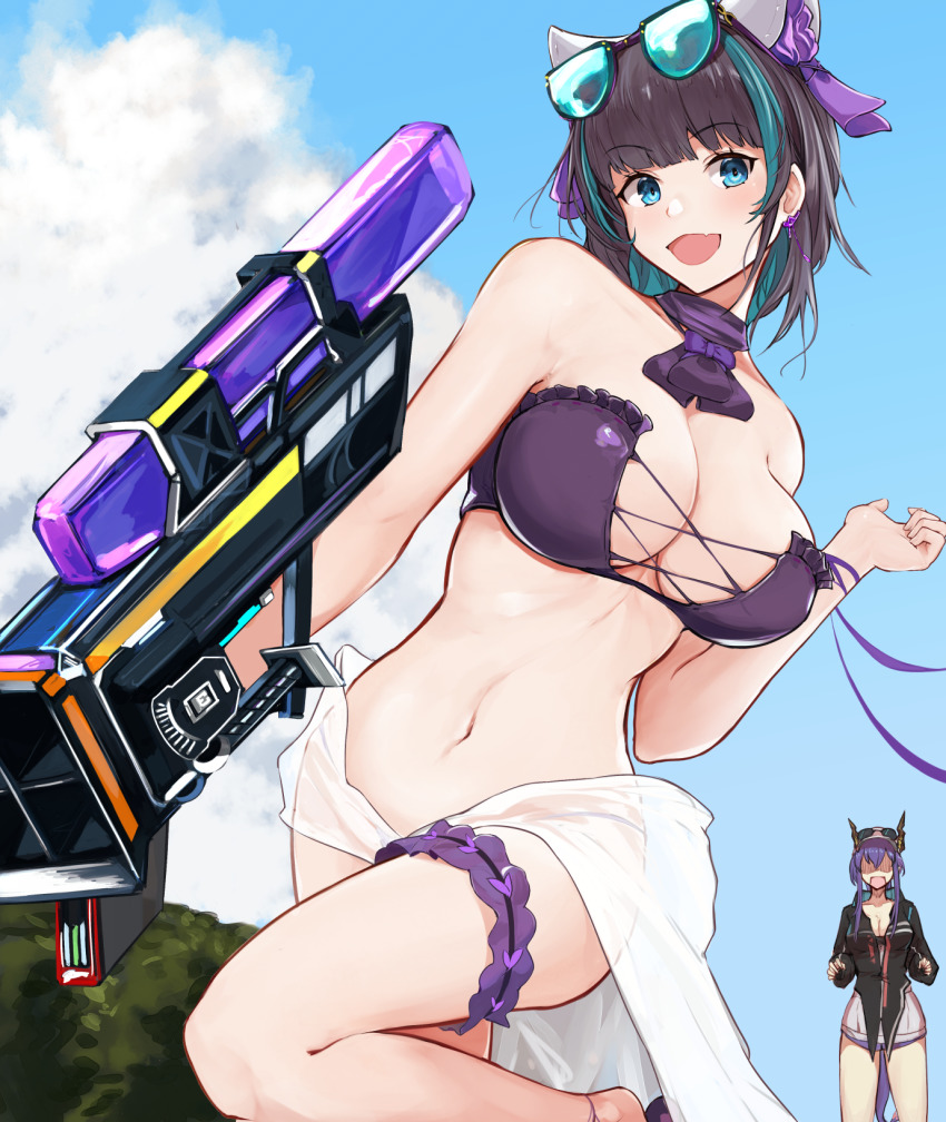 2girls :d animal_ears arknights azur_lane bare_shoulders baseball_cap bikini black_hair black_jacket blue_eyes blue_hair blue_sky blunt_bangs blush borrowed_weapon breasts ch&#039;en_(arknights) ch&#039;en_the_holungday_(arknights) cheshire_(azur_lane) cheshire_(summery_date!)_(azur_lane) choker cleavage cloud collarbone commentary_request cowboy_shot crossover day dragon_girl dragon_horns dragon_tail earrings eyewear_on_head eyewear_on_headwear fake_animal_ears green_hair grey_shorts gun hair_between_eyes hat highres holding holding_gun holding_weapon horns horns_through_headwear ishigami_shizuka jacket jewelry large_breasts long_hair long_ribbon long_sleeves looking_at_viewer marshall_k micro_shorts midriff multicolored_hair multiple_girls navel official_alternate_costume open_mouth outdoors partial_commentary purple_bikini purple_choker ribbon sarong shaded_face short_hair shorts sidelocks sky smile solo_focus standing standing_on_one_leg strapless strapless_bikini streaked_hair sunglasses swimsuit tail thigh_strap tinted_eyewear voice_actor_connection water_gun weapon wrist_ribbon