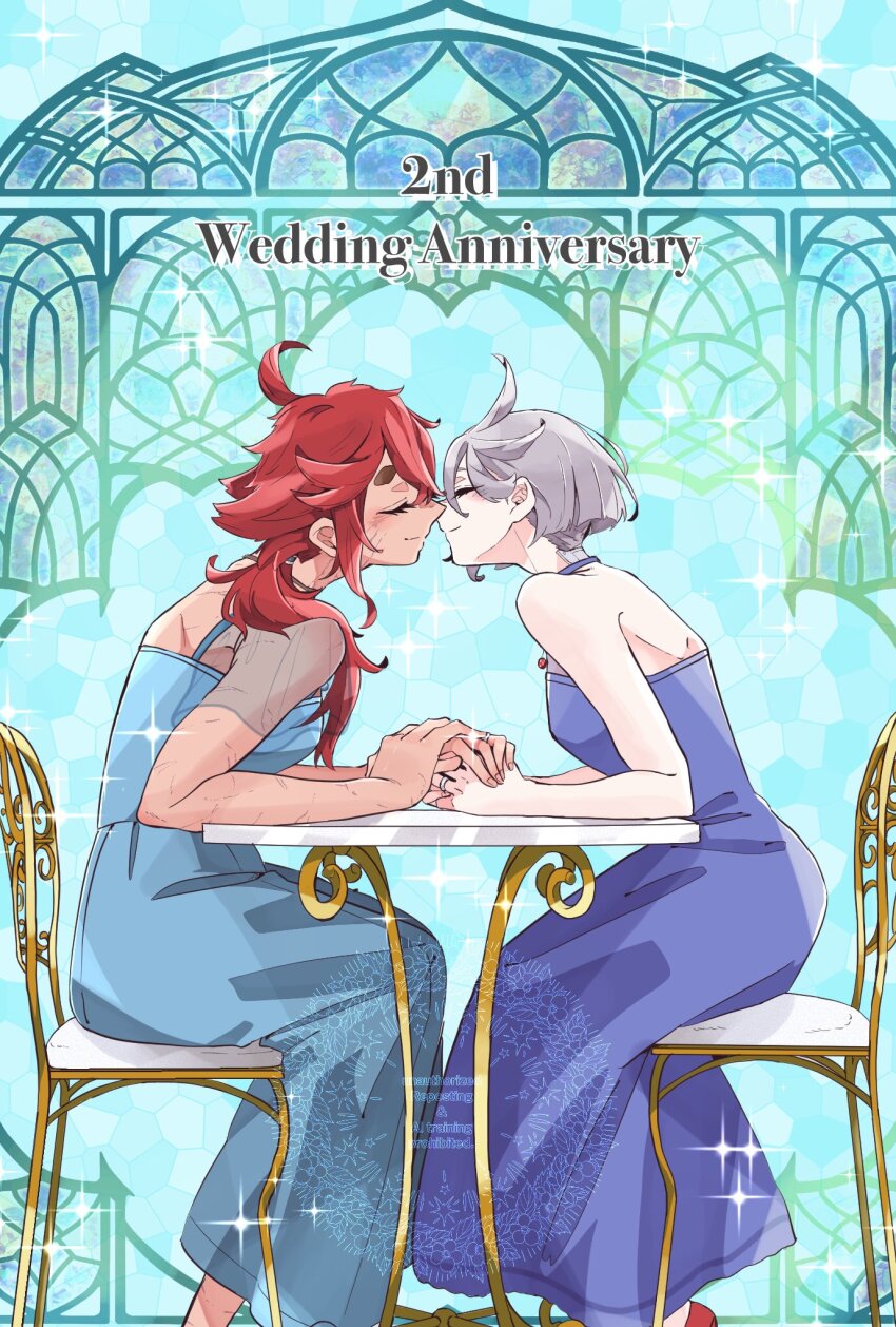 2girls blue_dress chair closed_eyes closed_mouth commentary_request dark-skinned_female dark_skin dress grey_hair gundam gundam_suisei_no_majo highres holding_hands imminent_kiss jewelry kusattatofu long_hair miorine_rembran multiple_girls on_chair purple_dress red_hair ring scar scar_on_arm scar_on_face short_hair sitting smile suletta_mercury table thick_eyebrows wedding_ring wife_and_wife yuri