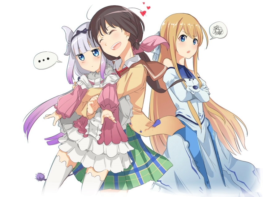 ... 10s 3girls bare_shoulders black_hair blonde_hair blue_eyes blunt_bangs blush bow closed_eyes crossed_arms crossover dragon_girl dragon_horns elbow_gloves fuda_yumine gloves gradient_hair hair_bow hairband heart honda_tamaki horns hug hug_from_behind kanna_kamui kobayashi-san_chi_no_maidragon long_hair low_ponytail low_twintails multicolored_hair multiple_crossover multiple_girls naganawa_maria open_mouth pleated_skirt ponytail purple_hair rokujouma_no_shinryakusha!? saruno_(eyesonly712) school_uniform silver_hair skirt smile speech_bubble spoken_ellipsis spoken_squiggle squiggle stella_no_mahou tail theiamillis_gre_fortorthe thighhighs thought_bubble twintails very_long_hair voice_actor_connection white_legwear zettai_ryouiki