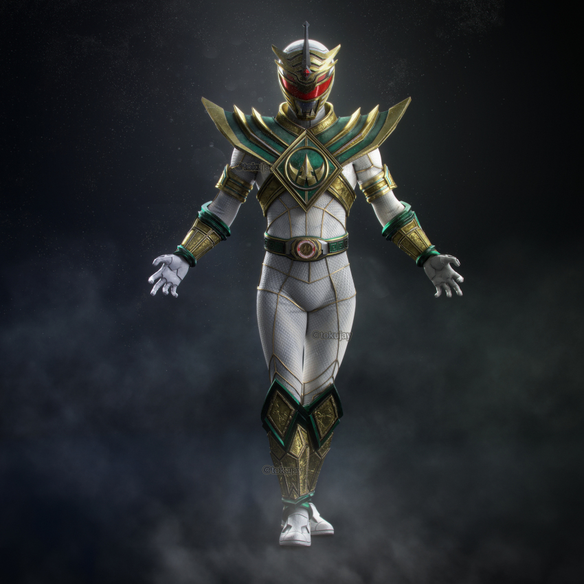 1boy 3d arm_guards armor artist_name belt bodysuit boots full_body gloves gold_armor gold_trim helmet highres horns lord_drakkon mighty_morphin_power_rangers power_rangers power_rangers_(boom!_studios) shoulder_armor tokujay tokusatsu twitter_username white_bodysuit