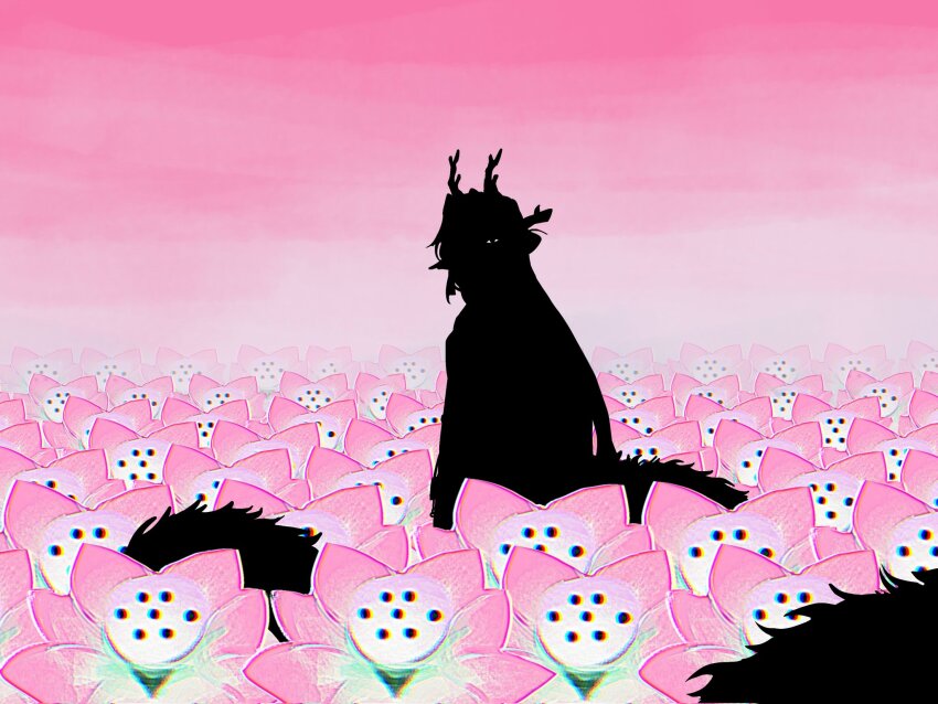 1girl arknights cowboy_shot dragon_girl dragon_horns dragon_tail eastern_dragon_horns eastern_dragon_tail eyes_in_shadow field flower flower_field highres horns horror_(theme) long_hair looking_at_viewer lotus pink_flower pink_sky pointy_ears rakkoonpo shu_(arknights) silhouette sky solo standing tail
