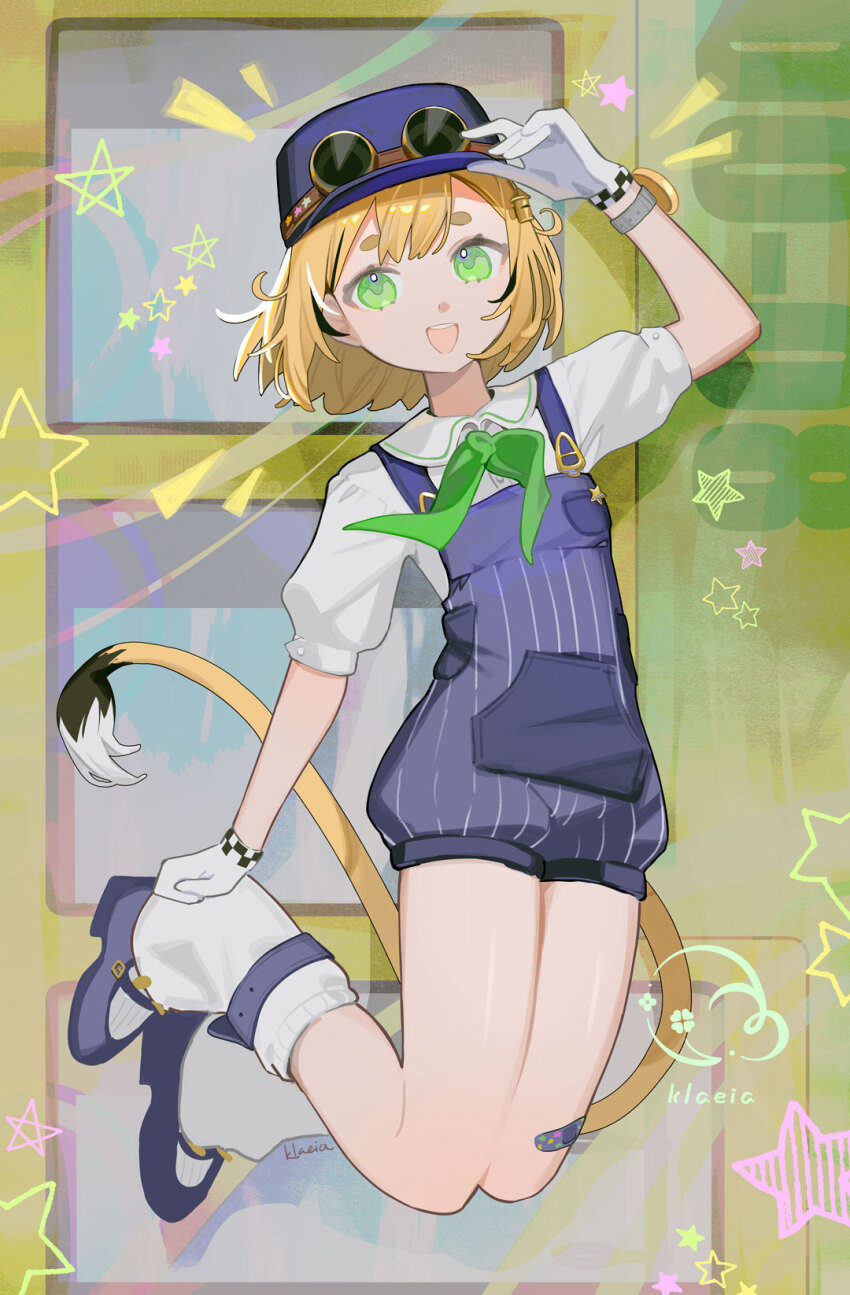 1girl adjusting_clothes adjusting_headwear artist_name ascot bandaid bandaid_on_leg blonde_hair blue_hat blue_overalls blue_shoes dooby_(vtuber) gloves goggles goggles_on_headwear green_ascot green_eyes hat highres indie_virtual_youtuber jerboa_tail jumping klaeia looking_at_viewer loose_socks multicolored_hair open_mouth overalls pinstripe_overalls shirt shoes short_eyebrows short_hair short_sleeves smile socks solo star_(symbol) streaked_hair tail teeth unworn_eyewear upper_teeth_only vertical-striped_overalls virtual_youtuber white_gloves white_shirt white_socks
