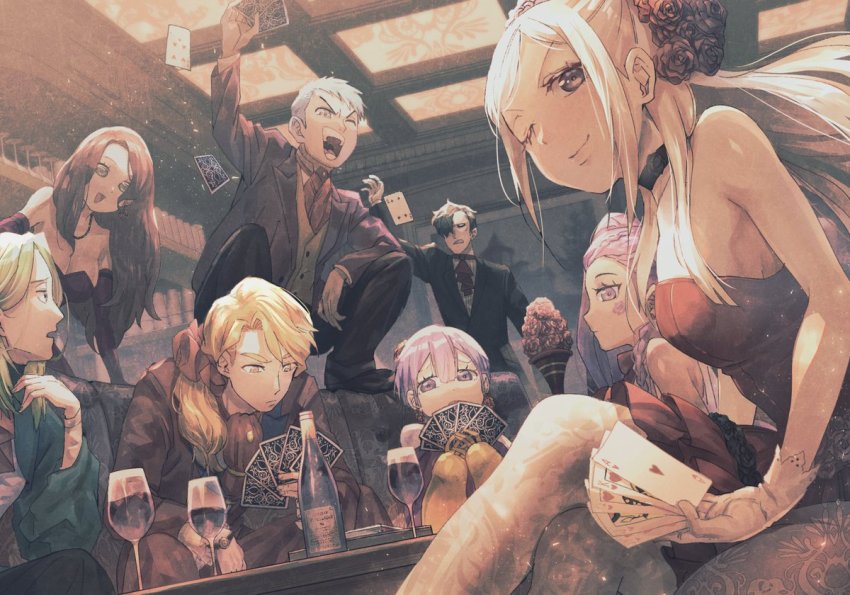 4boys 4girls ;) ;d alcohol alternate_costume bernadetta_von_varley bernadetta_von_varley_(timeskip) black_hair breasts brown_hair card caspar_von_bergliez choker cleavage cup dorothea_arnault dorothea_arnault_(timeskip) dress drinking_glass dutch_angle edelgard_von_hresvelg edelgard_von_hresvelg_(timeskip) ferdinand_von_aegir fire_emblem fire_emblem:_three_houses focused formal_clothes from_below gloves green_hair hubert_von_vestra korokoro_daigorou linhardt_von_hevring looking_at_viewer multiple_boys multiple_girls nintendo one_eye_closed open_mouth orange_hair pantyhose petra_macneary petra_macneary_(timeskip) playing_card poker purple_hair red_dress royal_flush sideboob smile suit tattoo white_gloves white_hair wine_glass worried