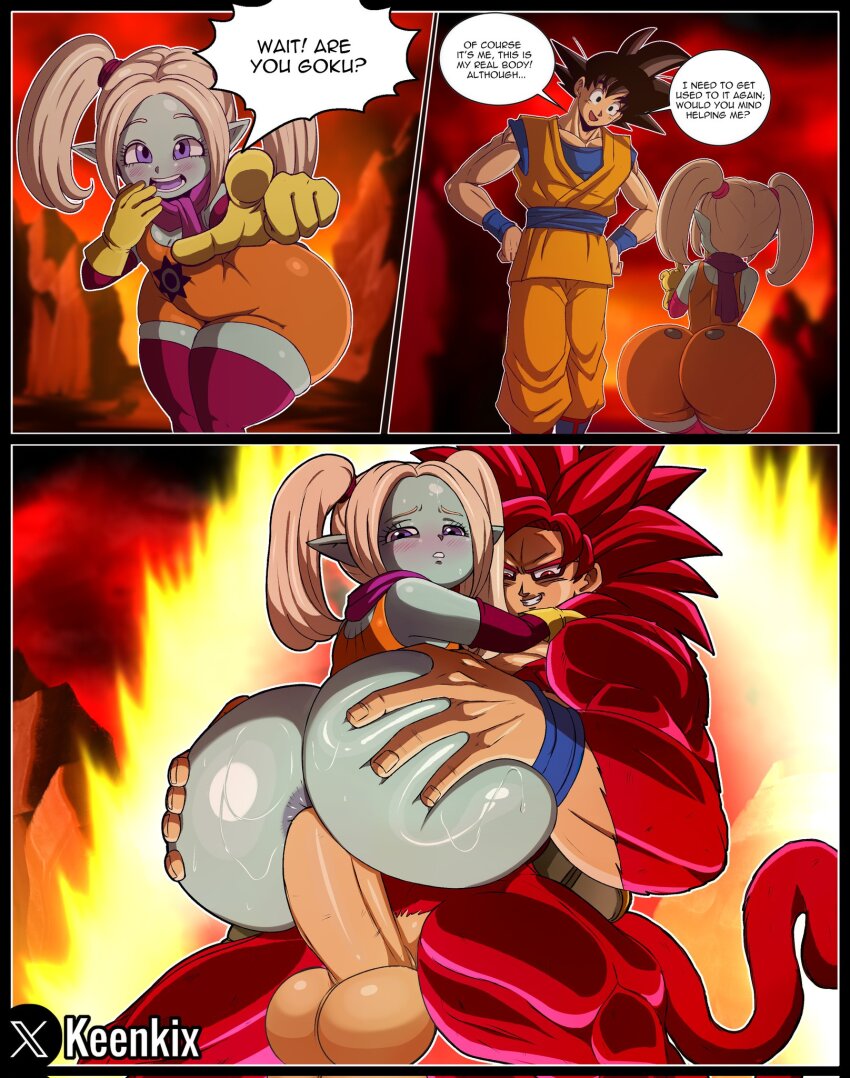 1boy 1girl age_difference anal aqua_skin artist_name ass ass_focus black_eyes black_hair blonde_hair blue_skin blush cheating_(relationship) colored_skin comic dragon_ball dragon_ball_daima english_text erection hetero highres huge_ass keenkix kyojiri_loli loli matching_hair/eyes nude pansy_(dragon_ball_daima) penis pink_thighhighs pointy_ears purple_eyes red_hair semi-nude sex son_goku speech_bubble super_saiyan super_saiyan_4 testicles thighhighs twitter_username uncensored wide_hips