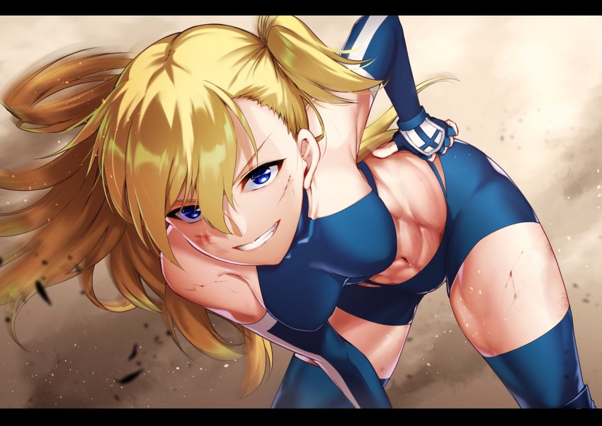 1girl bad_id bad_twitter_id bent_over bike_shorts black_border blonde_hair blue_eyes blue_gloves blue_shorts blue_thighhighs border breasts breasts_apart bruise bruise_on_face collarbone cross elbow_gloves fingerless_gloves floating_hair gloves grin hair_between_eyes highres injury letterboxed long_hair looking_at_viewer mahou_tsukai_no_hako medium_breasts midriff navel one_side_up short_shorts shorts smile solo stomach sugata_sunao thighhighs type-moon yasuo_(torinikukani) zettai_ryouiki