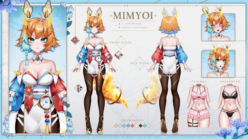 1girl absurdres bare_shoulders beescuit blonde_hair blue_eyes blue_hair breasts character_name cleavage detached_sleeves fox_tail high_heels highres large_breasts lingerie mimyoi_(vtuber) multicolored_hair multiple_views official_art pantyhose project_releum reference_sheet robot_ears shoes short_hair tail two-tone_hair underwear virtual_youtuber