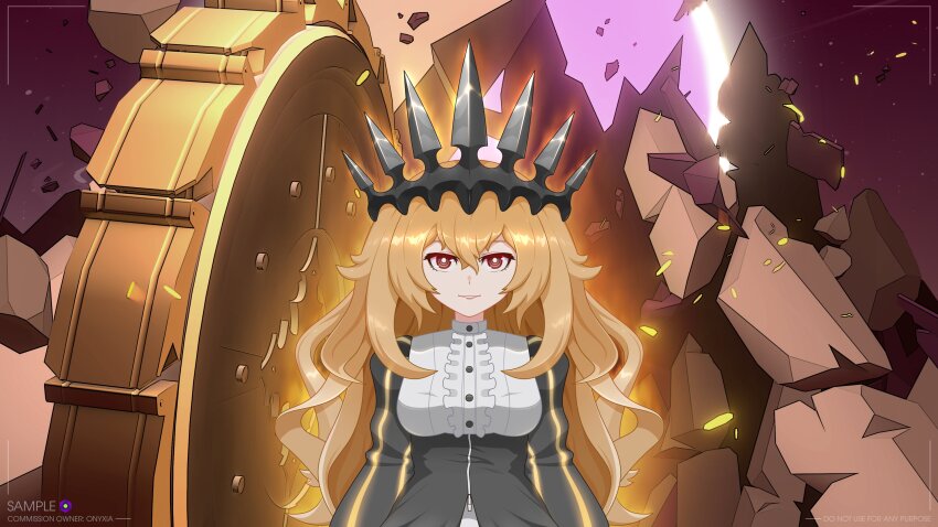 1girl absurdres black_crown black_rock_shooter blonde_hair chariot_(black_rock_shooter) crown dress highres long_hair magiomega415 orange_eyes solo wheel