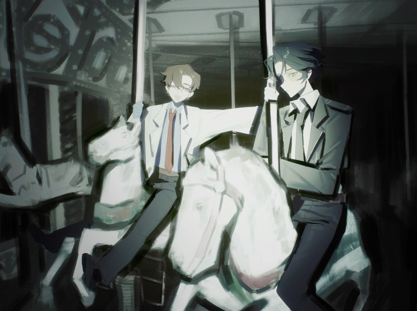 2boys ;d absurdres belt black_hair black_jacket black_necktie black_pants black_shoes blue_shirt brown_belt brown_hair carousel chinese_commentary collared_shirt commentary_request dianbo635 green_eyes highres identity_v jacket lab_coat lapels long_sleeves male_focus multiple_boys necktie norton_campbell notched_lapels one_eye_closed open_clothes open_jacket open_mouth orpheus_(identity_v) pants pink_eyes shirt shoes short_hair sitting smile white_shirt
