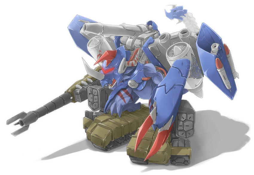 cannon chicago-x deckerdramon deckergreymon digimon fusion greymon_(digimon_xros_wars) horns mailbirdramon missile simple_background white_background wings