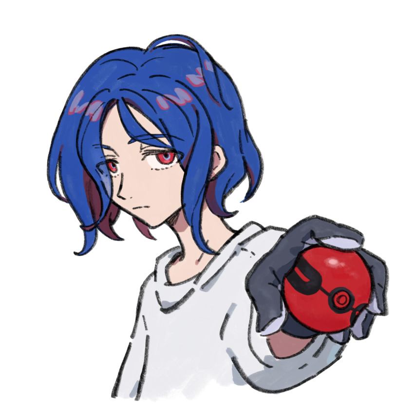 1boy blue_hair colored_inner_hair gloves gundam gundam_gquuuuuux highres holding holding_poke_ball looking_at_viewer lower_eyelashes_only male_focus multicolored_hair poke_ball purple_hair red_eyes shenghuotui_xingxing shirt short_hair shuji_ito simple_background solo two-tone_hair white_background white_shirt