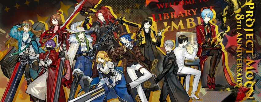 6+boys 6+girls absurdres ahoge alternate_eye_color angela_(project_moon) anniversary armor armored_skirt ascot ayin_(project_moon) bandolier belt binah_(project_moon) black_coat black_footwear black_gloves black_hair black_pants black_robe black_shirt black_vest blonde_hair blue_hair blue_necktie blue_pants blue_shirt blue_skirt book boots brown_eyes brown_hair bullet cane cape cavalier_hat chesed_(project_moon) cinq_association_(identity)_(project_moon) clock coat collared_shirt commentary_request cosplay crossed_arms dante_(limbus_company) dante_(limbus_company)_(cosplay) devyat_association_(identity)_(project_moon) dieci_association_(identity)_(project_moon) dress dual_wielding english_text extra_arms fanghunt_office_(identity)_(project_moon) fire fur_collar gauntlets gears gebura_(project_moon) gloves goggles goggles_on_head greatsword green_coat green_eyes green_hair grey_eyes grey_hair hair_ornament hair_ribbon hairclip hammer hat headband heterochromia high_heels high_ponytail highres hod_(project_moon) hokma_(project_moon) holding holding_scissors holding_sword holding_weapon key knee_boots la_manchaland_(identity)_(project_moon) library_of_ruina limbus_company long_hair low_ponytail malkuth_(project_moon) mask monocle mouth_mask multicolored_hair multicrack_office_(identity)_(project_moon) multiple_boys multiple_girls neck_ribbon necktie netzach_(project_moon) nishikujic overcoat oversized_object painting_(object) pants pauldrons plaid_clothes plaid_coat plume ponytail popped_collar project_moon prosthesis prosthetic_arm purple_hair rapier red_coat red_dress red_eyes red_footwear red_hair red_streaks ribbon ring_(identity)_(project_moon) robe sash scar scar_on_face scissors shirt short_hair shoulder_armor sidelocks signature skirt slippers streaked_hair suitcase sword tiphereth_a_(project_moon) top_hat turtleneck vest weapon white_ascot white_cape white_coat white_gloves white_hat white_pants white_shirt wuthering_heights_(identity)_(project_moon) yellow_eyes yellow_sash yellow_shirt yesod_(project_moon) yurodiviye_(identity)_(project_moon) zwei_association_(identity)_(project_moon)