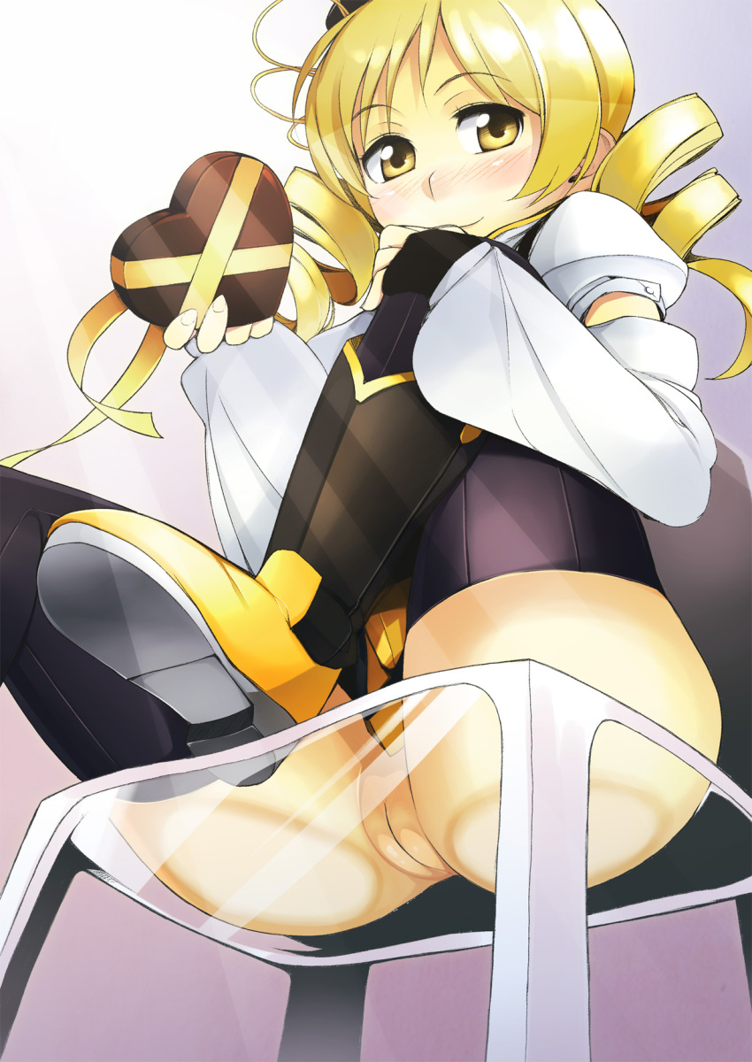 10s 1girl ass bad_id bad_pixiv_id black_thighhighs blonde_hair blush boots drill_hair female_focus fingerless_gloves gloves hair_ornament heart highres magical_girl mahou_shoujo_madoka_magica mahou_shoujo_madoka_magica_(anime) no_panties pussy sitting smile solo thighhighs tomoe_mami tomoe_mami_(magical_girl) topo_(bacchustab) topo_bevitore twin_drills twintails uncensored yellow_eyes